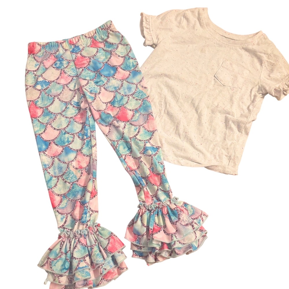 Girls Mermaid Scale Ruffle Leggings White Speckled Tee Set Kids 2T Spring Outfit